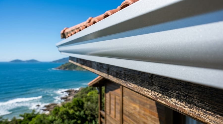Calha de alumínio instalada sem emenda em beiral de residência em Florianópolis