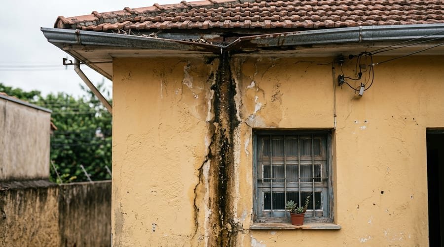 Muro com manchas de umidade causadas por falta de pingadeira em Florianópolis